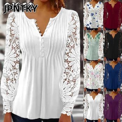 JPNTKY Damen Mode Lässige Langarm V-Ausschnitt Blusen & Hemden