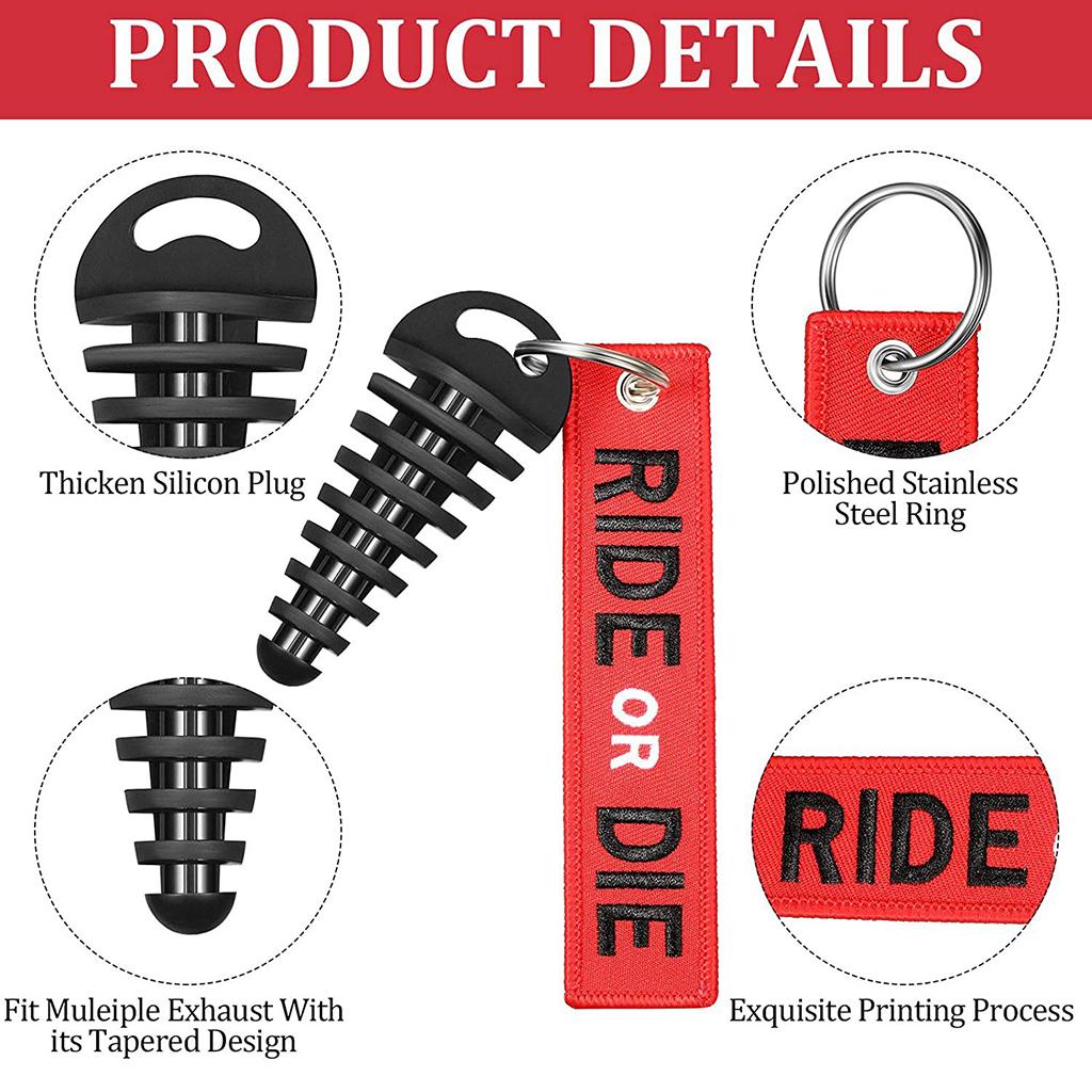 Portable Small Black Exhaust Silencer Pipe Wash Plug with Embroidery for Key Holder Red RIDE OR DIE Keychain