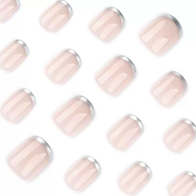 Nakhi Chrome French Tip Press On Nails Square Shape Reusable Fake Nails Glossy Nude Artificial Nails Set for Women (24 Pcs)