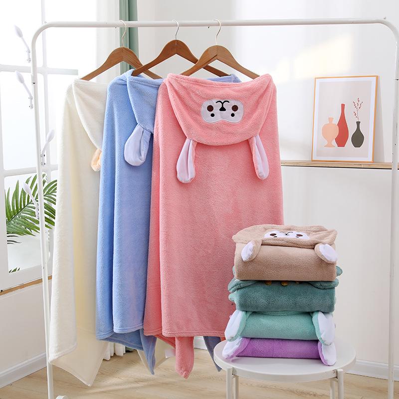 Cartoon Hooded Quick-Dry Coral Fleece Baby Poncho Towel