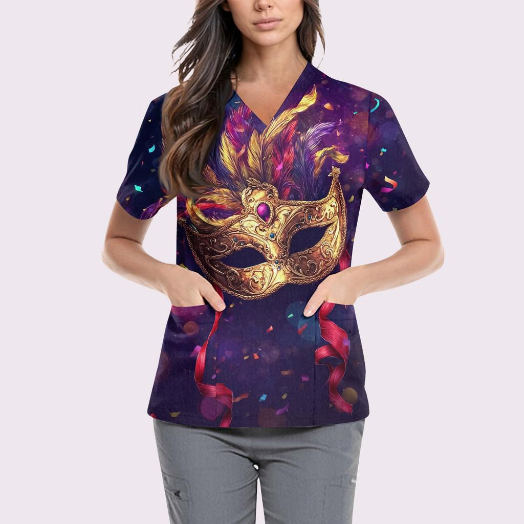 Women's Cute Printed Work Clothes V-neck Double Layer Pockets Basic Short Sleeve Top Pullover Valentines