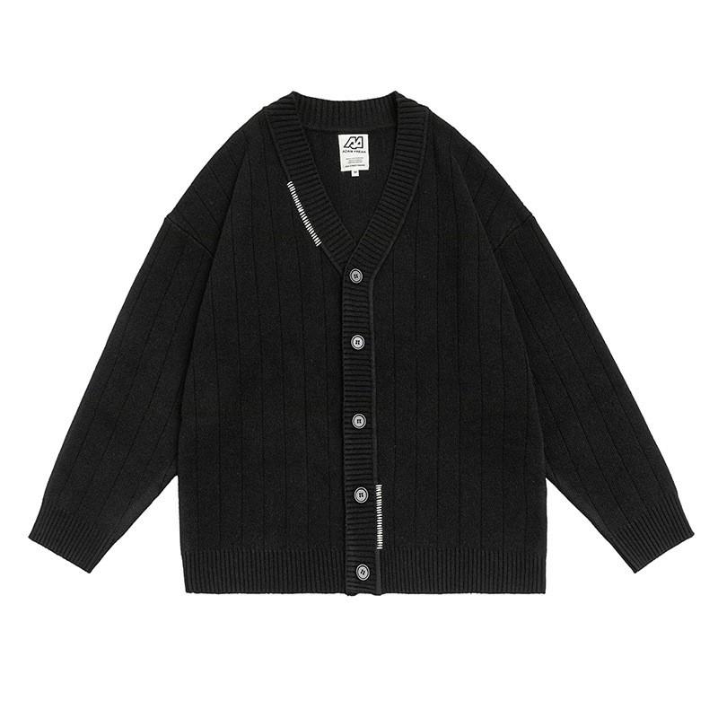 Unisex Japanese Retro Style Striped Knit Cardigan V-Neck Loose Fit Sweater Casual Wear