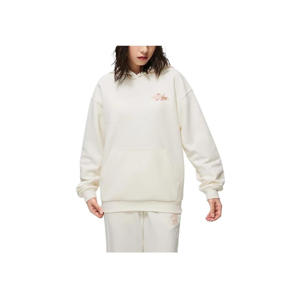Li-Ning Sports Trend Series Floral Alphabet Print Loose Hoodie Women Tops Off-White AWDT016-1