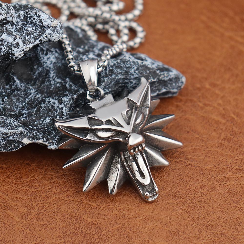 Stainless Steel Wizard 3 Wolf Head Pendant Retro Style Geralt of Rivia Men's Necklace Popular Medieval Witcher Jewelry