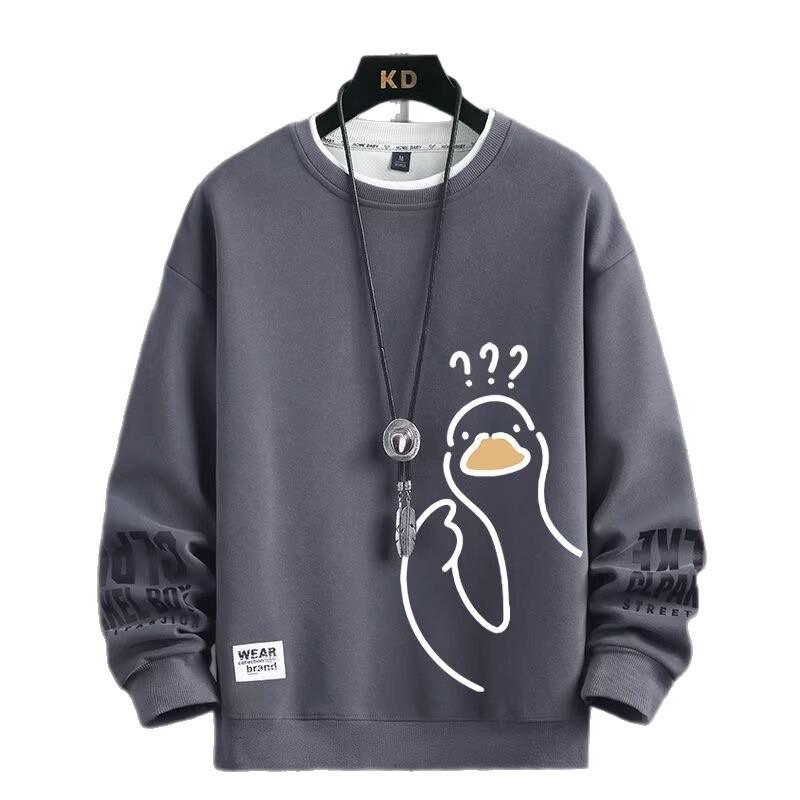 Men's Trendy Question Mark Duck Print Crewneck Pullover Sweatshirt - Comfortable, Plus Size, Versatile Casual Top.