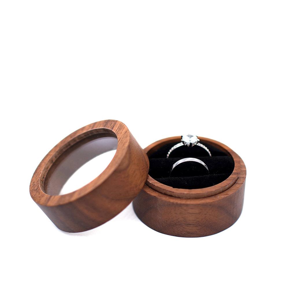 Personalisierte Holz-Eheringbox mit klarem rundem Verlobungsantrag-Halter, doppelte Ringträgerbox für die Zeremonie