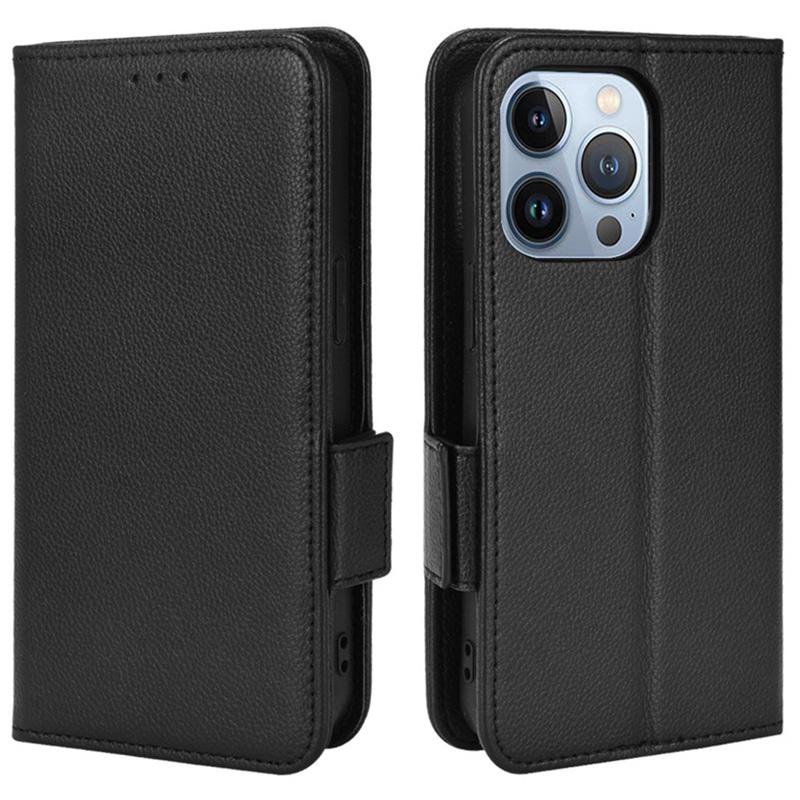 

For iPhone 15 Plus Scratch Proof PU Leather Phone Case Litchi Texture Stand Wallet Phone Cover Black