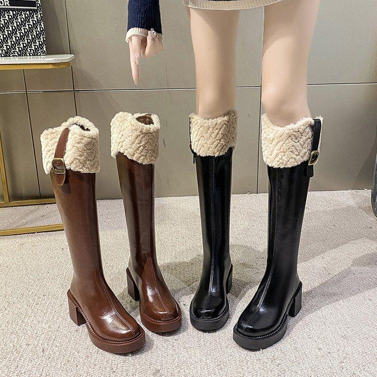 Women's Fleece-Lined Over-the-Knee Cotton Boots with Chunky High Heels and Furry Slimming High-Shaft Design
