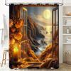 Window View with Moonlit Ocean Shower Curtain Warm Autumn Decor for Bathroom Orange Floral Lighting