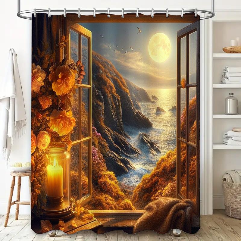 Window View with Moonlit Ocean Shower Curtain Warm Autumn Decor for Bathroom Orange Floral Lighting