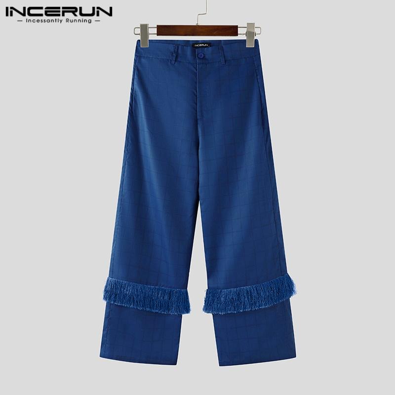 INCERUN Men Zip-up High Waist Plaid Print Tassel Casual Long Trousers Pants