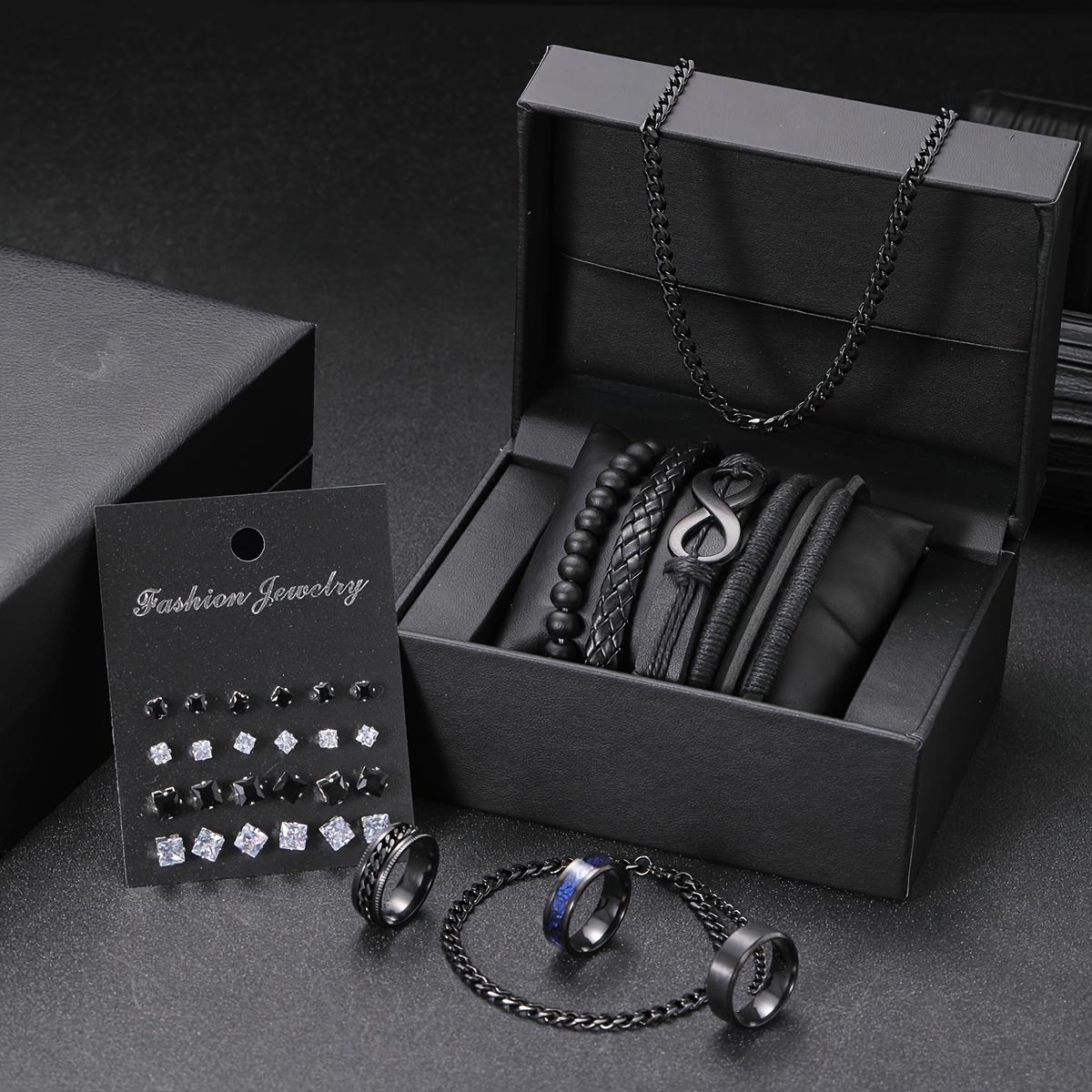 

IF ME 33PCS Модный браслет из нержавеющей стали с ожерельем + кожаный плетеный браслет + серьги с цирконием + кольцо, аксессуар для мальчиков (без учета коробки)