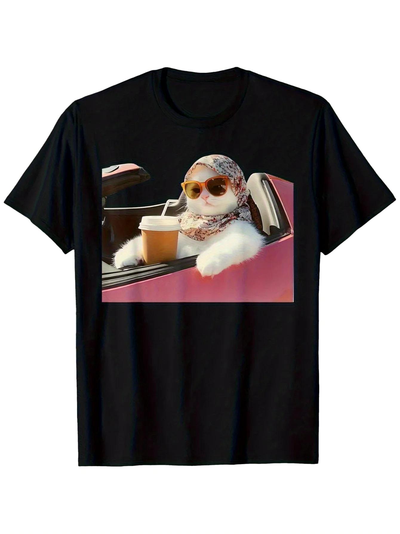 

Women T-shirt Cool Cat Drinking Coffee in The Car Fun Printed tops Summer Fashion O-Neck Short Sleeve Casual Tops y2k Clothi... 5XL різнокольоровий