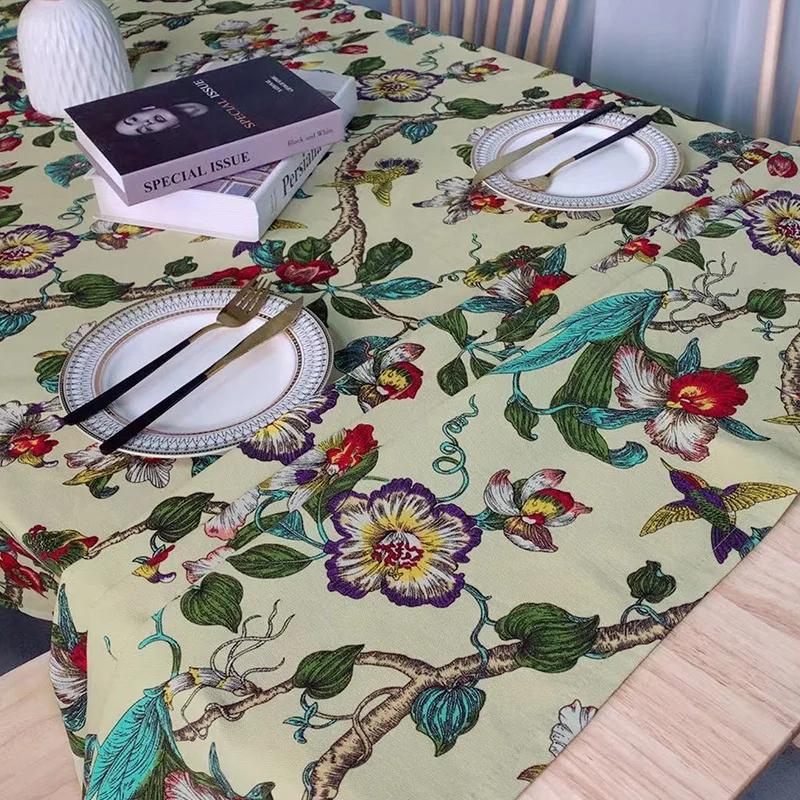 Cotton Linen Floral and Bird Printed Tablecloth  Chinese Luxury Tea Table Mats Rural Style Rectangular Dustproof Tabletop Cover