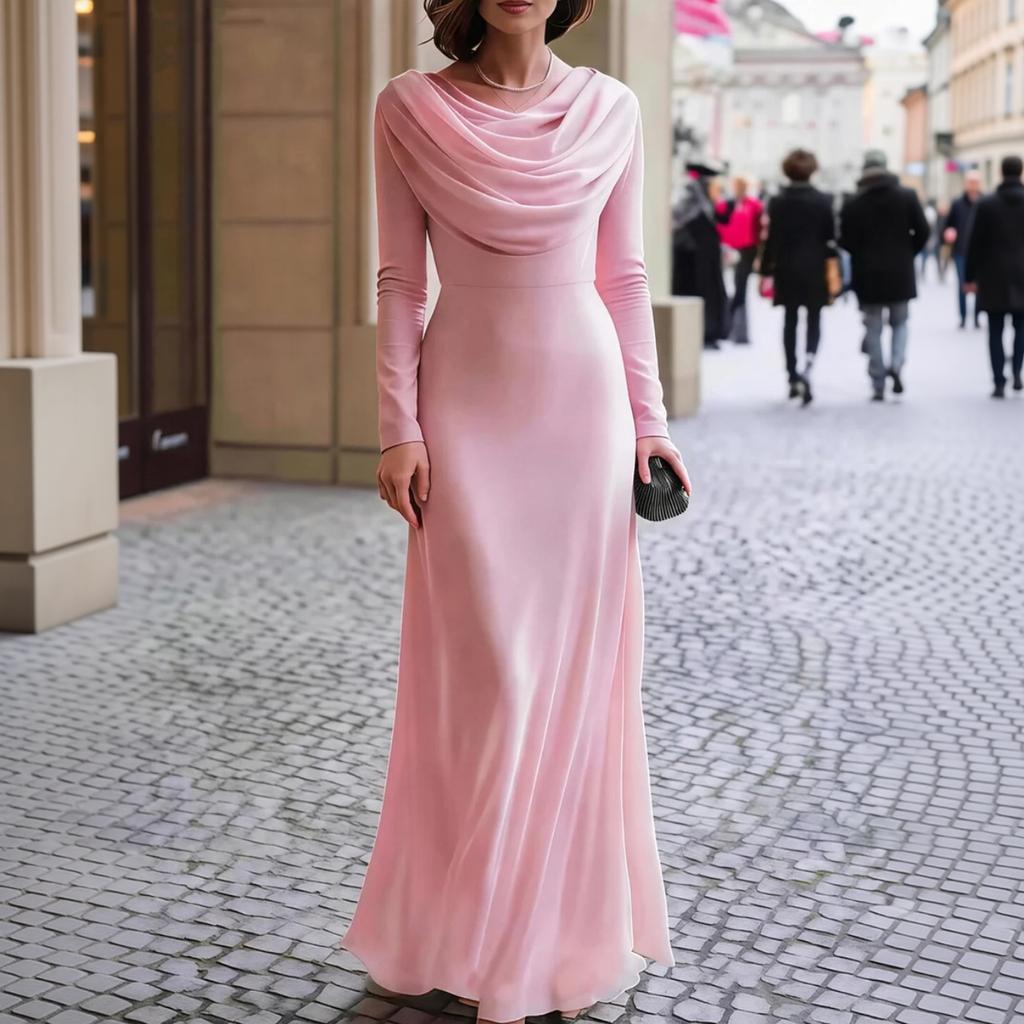 Damen Maxikleid mit langen Ärmeln und Schalkragen für formelle Abendbankette & Party-Garderobe