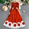Elegant V-neck Long Sleeve Pleated Dress for Women Orange Red Pearl Trim Belted Waist 3D Flower Hem Midi Dresses Women