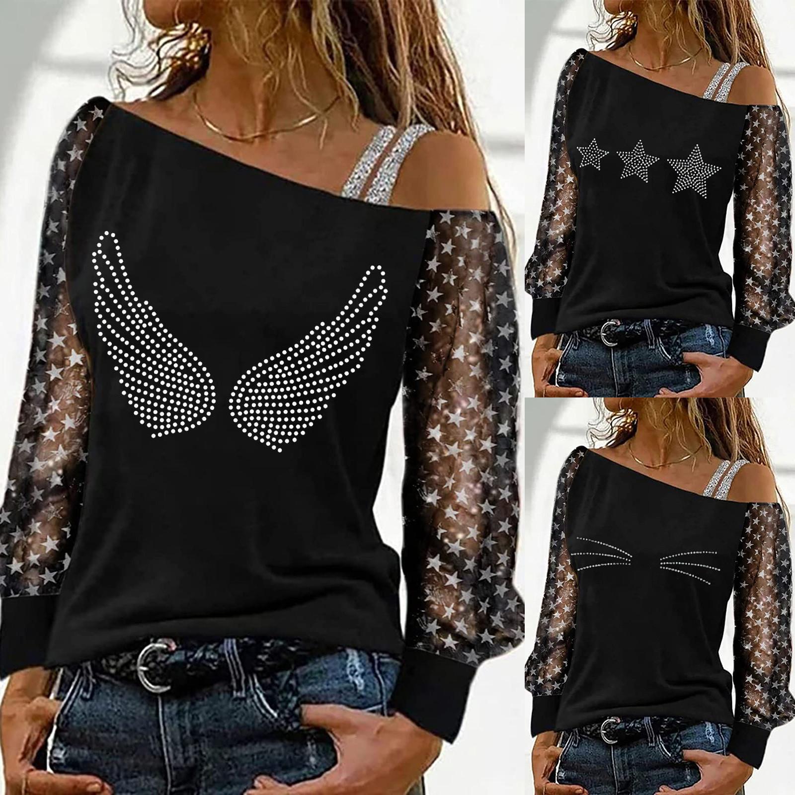 

Мода Женщины Сексуальная сетка Сшивка Дырявые плечи Топ Повседневный свободный пуловер с длинным рукавом Топы