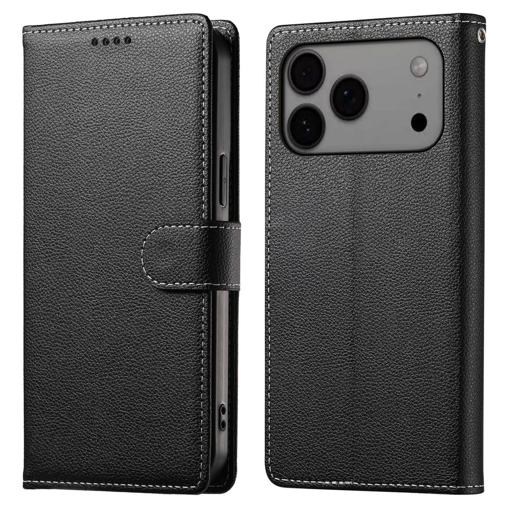 For iPhone 17 Pro Max Case Magnetic Snap Litchi Texture Leather Wallet Phone Cover with Wrist Strap