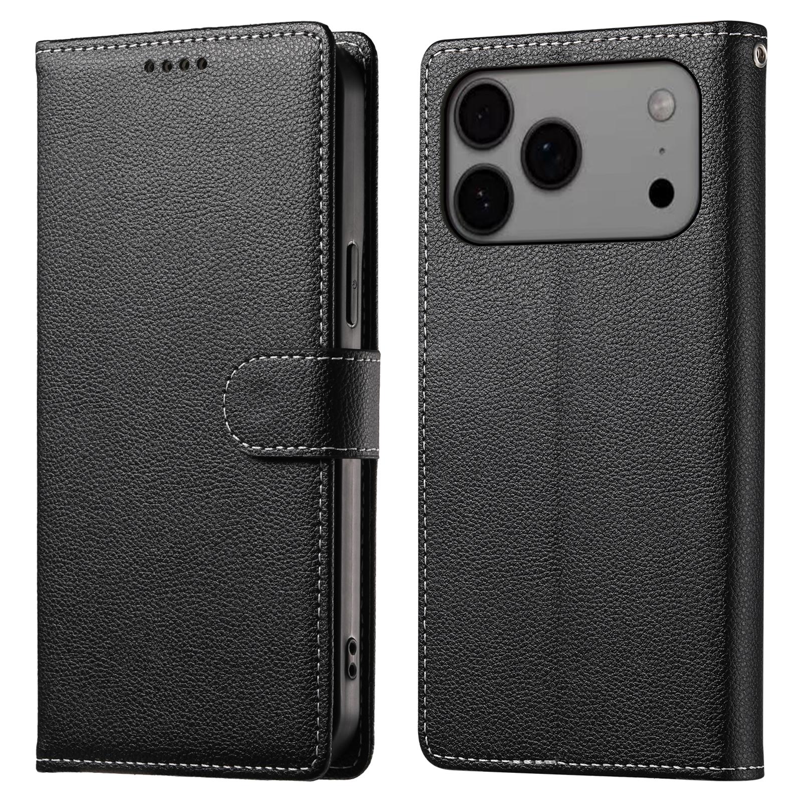 

For iPhone 17 Pro Max Case Magnetic Snap Litchi Texture Leather Wallet Phone Cover with Wrist Strap Black