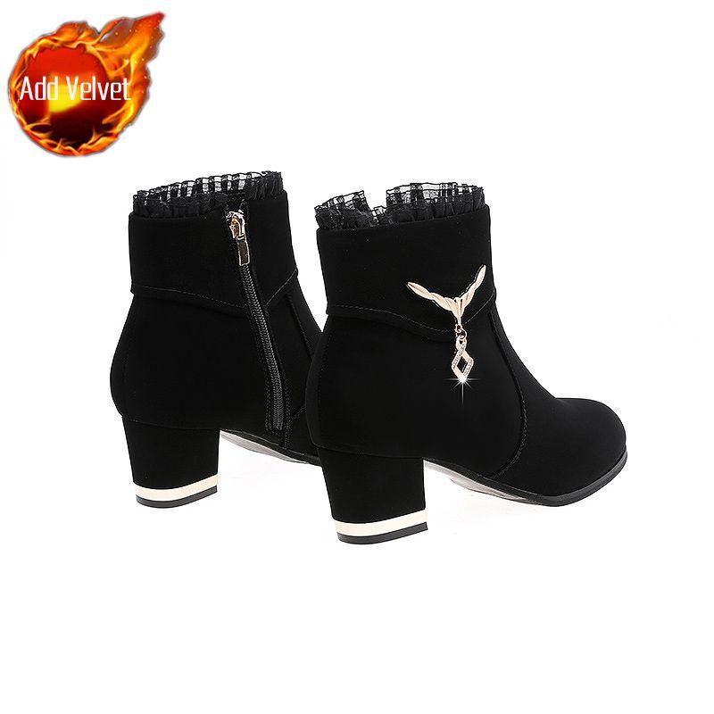 Fashion Rhinestone Woman Short Shoes Suede Chunky Heel Fashion  Booties