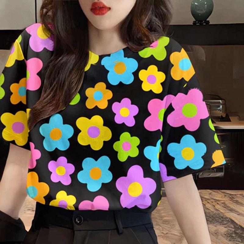 

2Summer Hot selling Women s Egg Flower 3D Printed Short Sleeve Women s Casual Fashion Round Neck T-shirt S