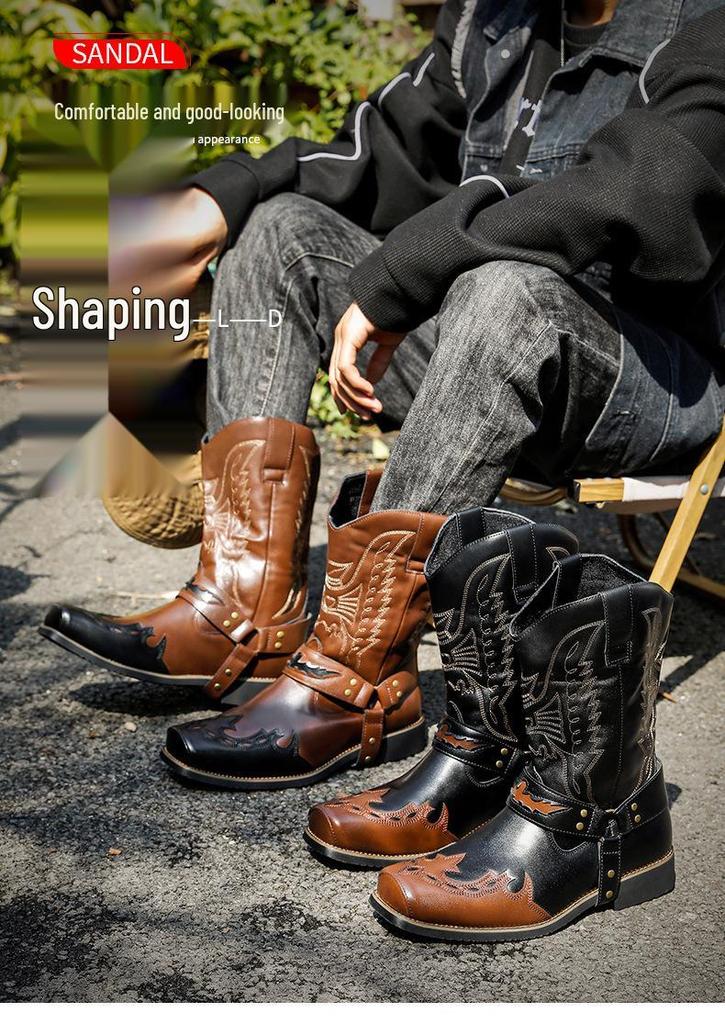 Men's Embroidered Leather Western Cowboy Boots - Retro European High-top Knight Style