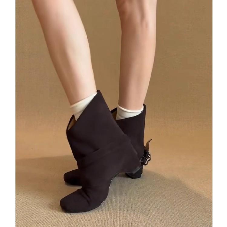 Cowhide version~ inner height increase metal belt buckle western boots retro suede square head niche high-end handsome short boots