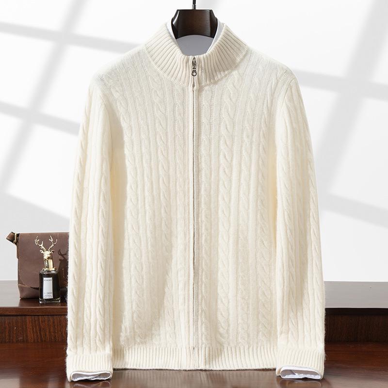 Men's Autumn/Winter Cashmere Cable Knit Zipper Cardigan Sweater, Half-High Collar, Plus Size