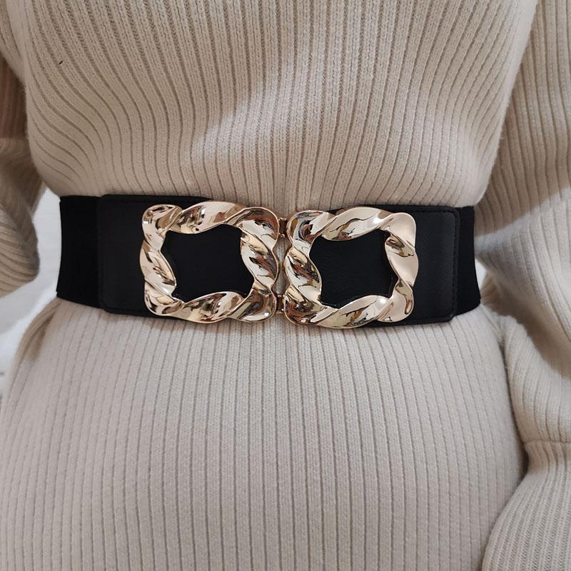 Gold Square Buckle Belt Women's Wide Decorative Jacket with Skirt Sweater Belt Elastic Simple Versatile Waist Seal Accessories Black