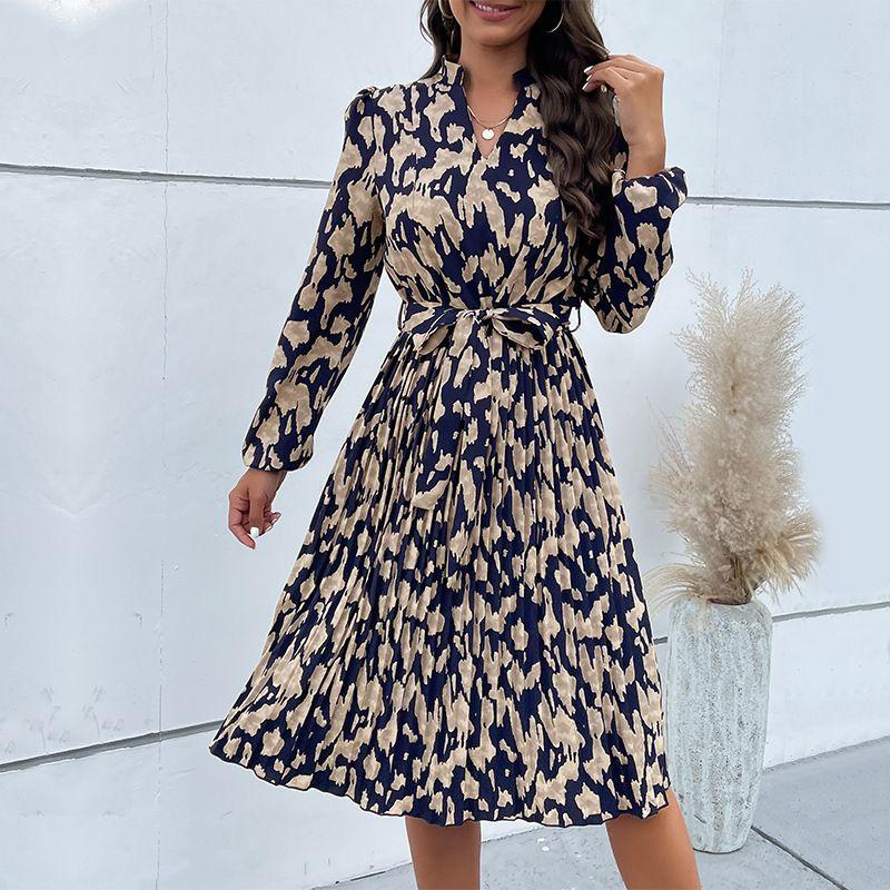 2023 Fashion Women's Pleated Print Dress Long Sleeves Dress