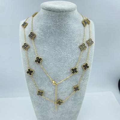 Collier en Acier Titane 13MM 90+5CM 20 Fleurs Motif Étoile Double Face Coquille Trèfle à Quatre Feuilles Porte-Bonheur