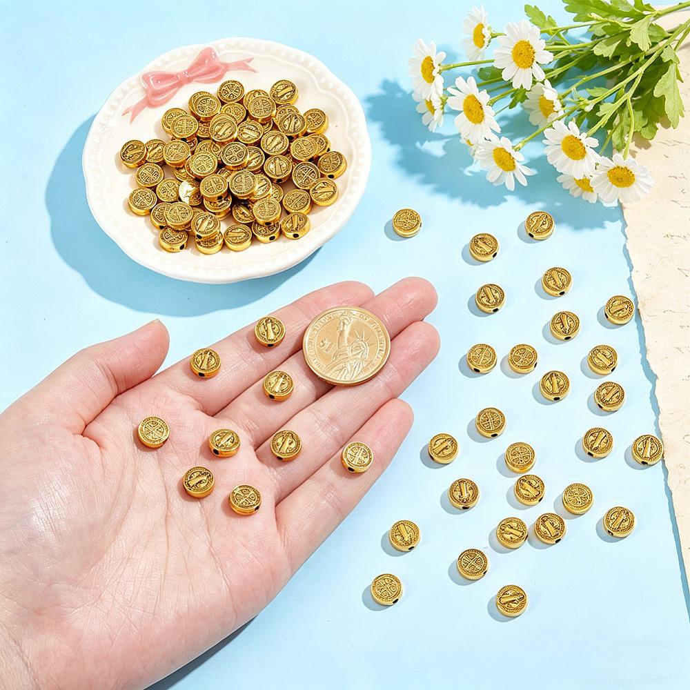 100Pcs Tibetan Style Alloy Beads, Flat Round with Saint Benedict Pattern, Antique Golden, 9.5x3mm, Hole: 1.8mm
