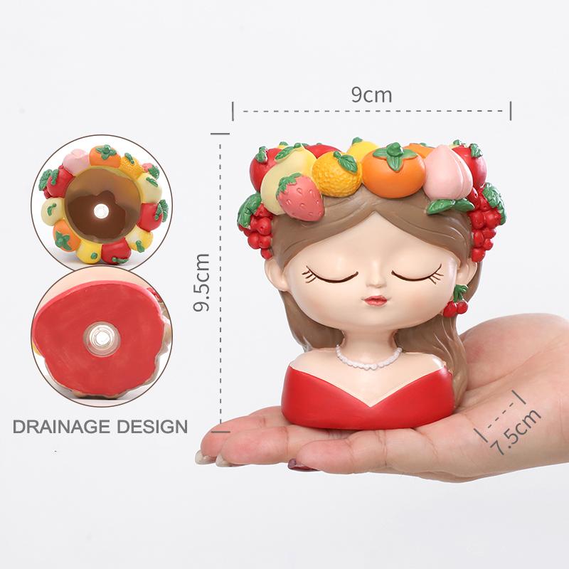 Charming Girl & Fruit Harvest Mini Planter, Cute Decorative Flower Pot for Succulents & Small Indoor Plants for Desk Decor