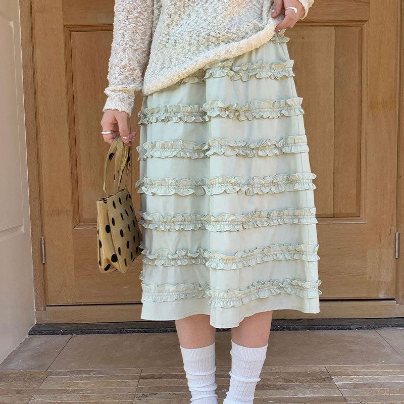 Thirteen Rows Patchwork Lace Medium-Long Skirt - Korean Style Spring/Summer Collection for Women One Size светло-зеленый