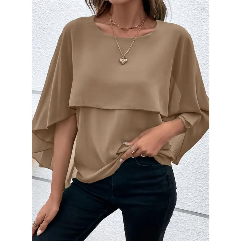 

Летние блузки женские топы универсальные с круглым вырезом без рукавов однотонные многослойные рубашки с рукавами-накидками из шифона женские XXL верблюд