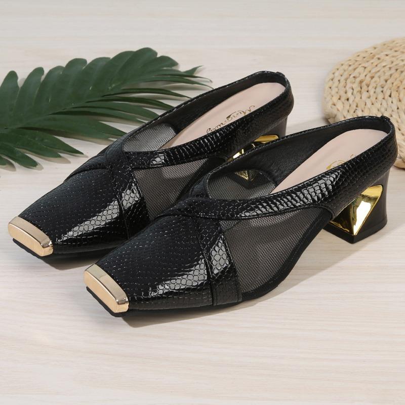 Stylish Special Heel Slippers Autumn New Metal Square Toe Spliced Mesh Slip-On Kitten Heels