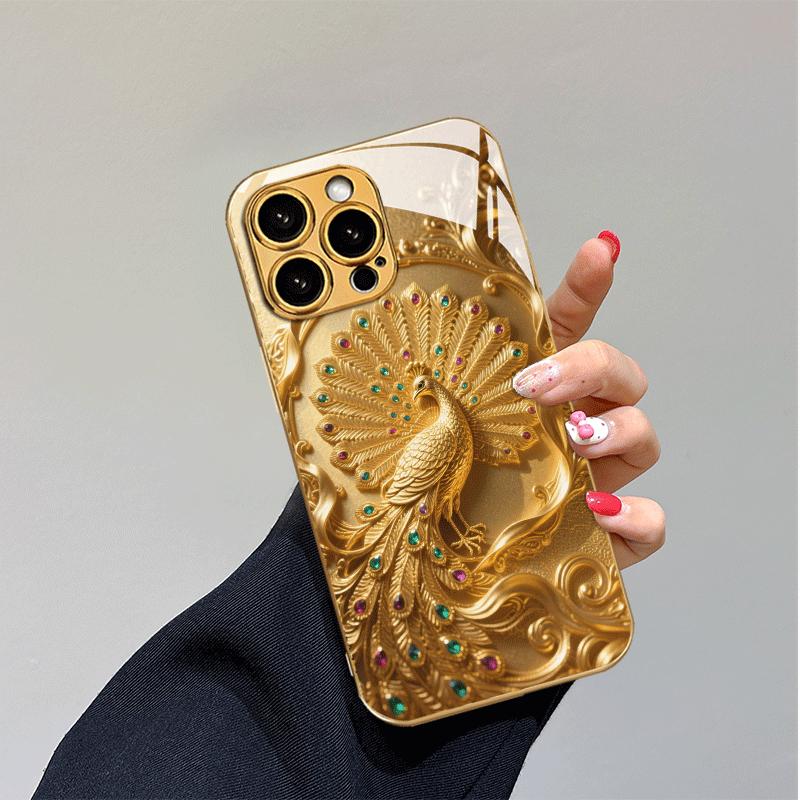 Luxurious peacock patterned electroplated glass phone case suitable for iPhone 17 16 15 14 13 12 11 Pro/Max/Plus shockproof