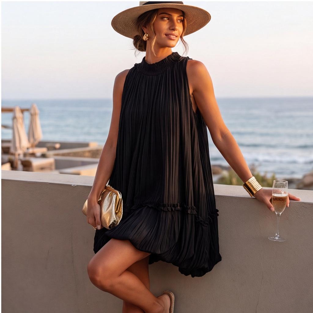 Women's Sleeveless Pleated Babydoll Dress - Loose Fit A-Line Dress for Vacation