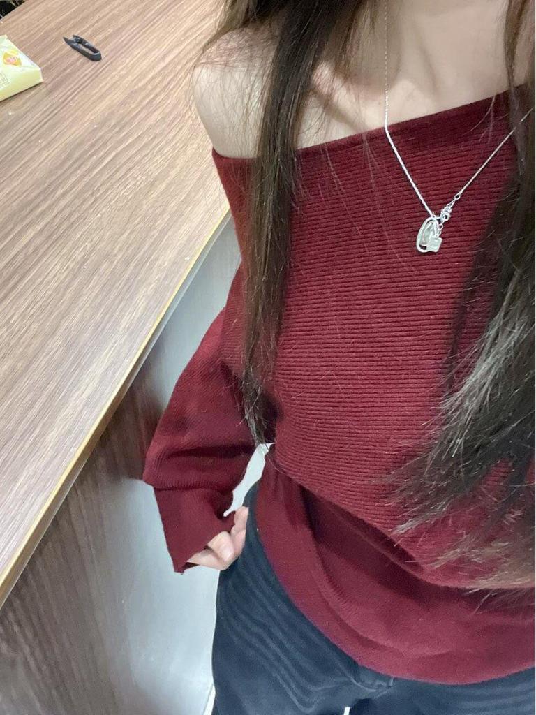 Roter Einärmliger Strickpullover für Damen - Herbst/Winter Slim Fit Basic-Oberteil