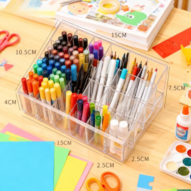 24-Compartment Art Supply Organizer Acrylic Divided Storage Box Holds crayons, brushes, and other items