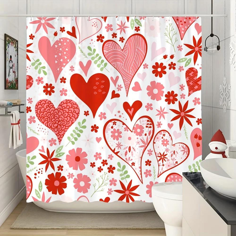 Love Theme Shower Curtain - Pink Flowers & Daisies, Warm Background, Romantic Design, 12 Hooks, Ideal for Mother's Day Gift