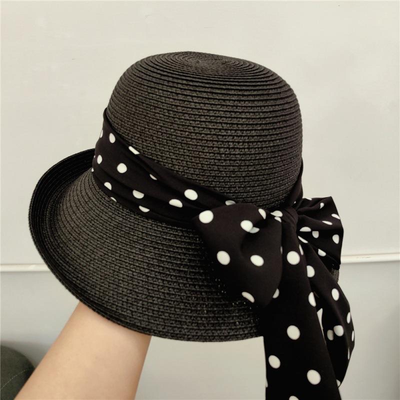 French Retro Style, Elegant Polka Dots, Bow Tie, Sun Hat, Straw Hat, Women's, Summer Seaside Vacation, Beach Sun Hat