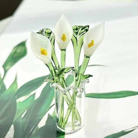Handcrafted Glass Callalily with Stem Hand-Blown Mini Glass Flower Figurine Decoration Home Living Room Office Colorful Floral Ornament