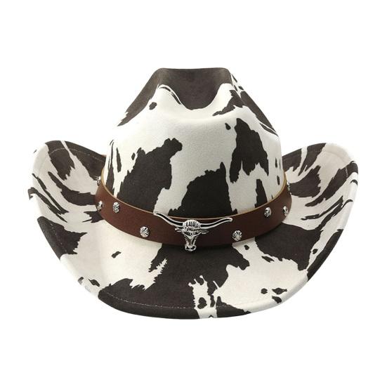 Western Cowboy Hat Moderate Wide Brim Suede Fabric Black White Cow Print Hat A