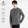Langdeng Men's Cotton Linen Stand Collar Long Sleeve Shirt