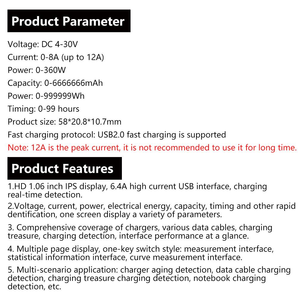 360W USB Tester Voltmeter Ammeter 1.06" IPS 4V-30V 12A Peak QC/PD Detect w/ Energy Curve for Laptop Charger Data Cable Test Tool