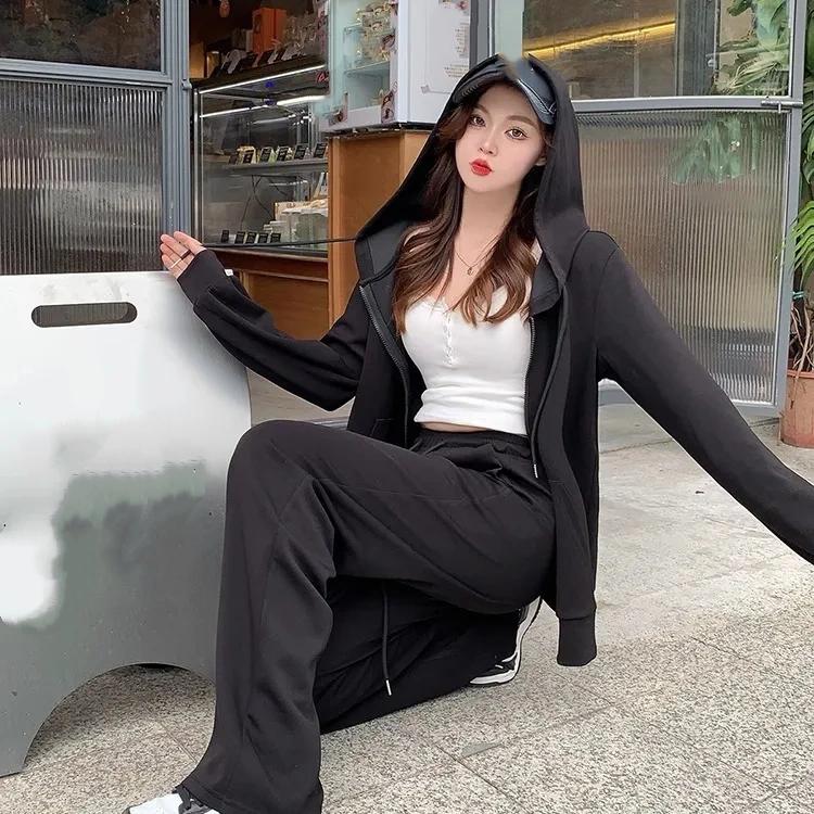 Autumn and Winter Plus Size Lazy Style Sportswear Suit Women's Loose Sweater High Waist Wide-leg Pants Slim Two-piece Suit