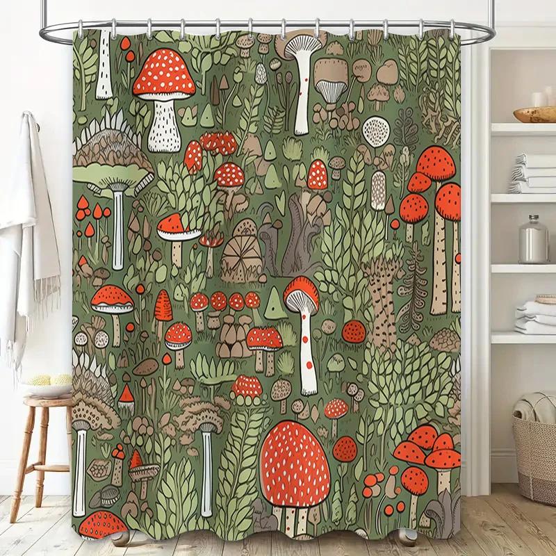 Green Mushroom Bath Mat Creative Mushroom Shower Curtain with Leaf Design for Bathroom Decor in Green Red Colors |