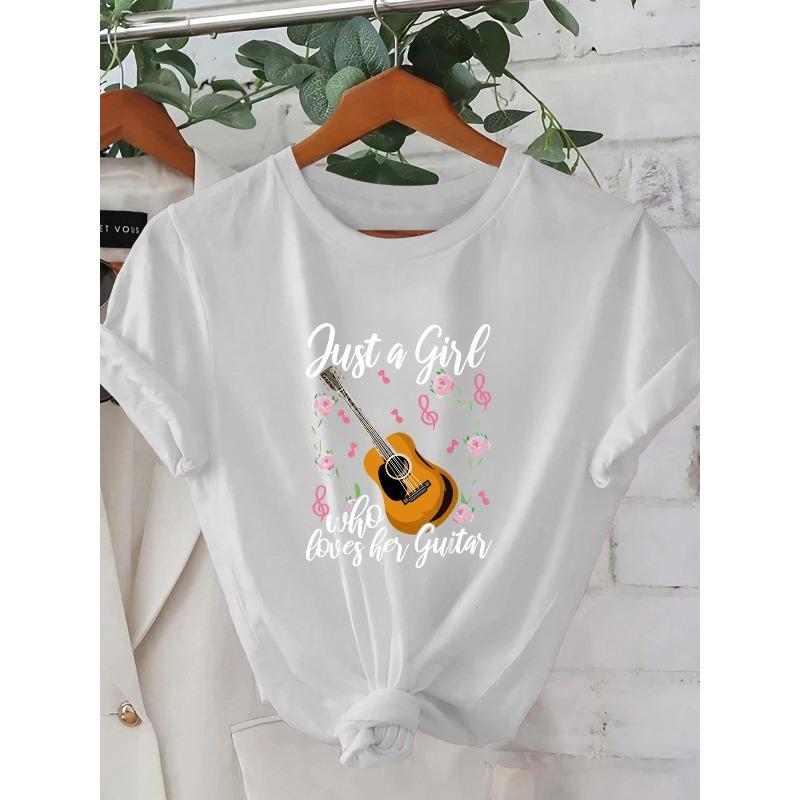 

Women s Short Sleeve Regular Fit - T-shirt Features a Guitar ,This Casual Short-sleeve Crewneck Top Is Suitable for All Seasons S белый