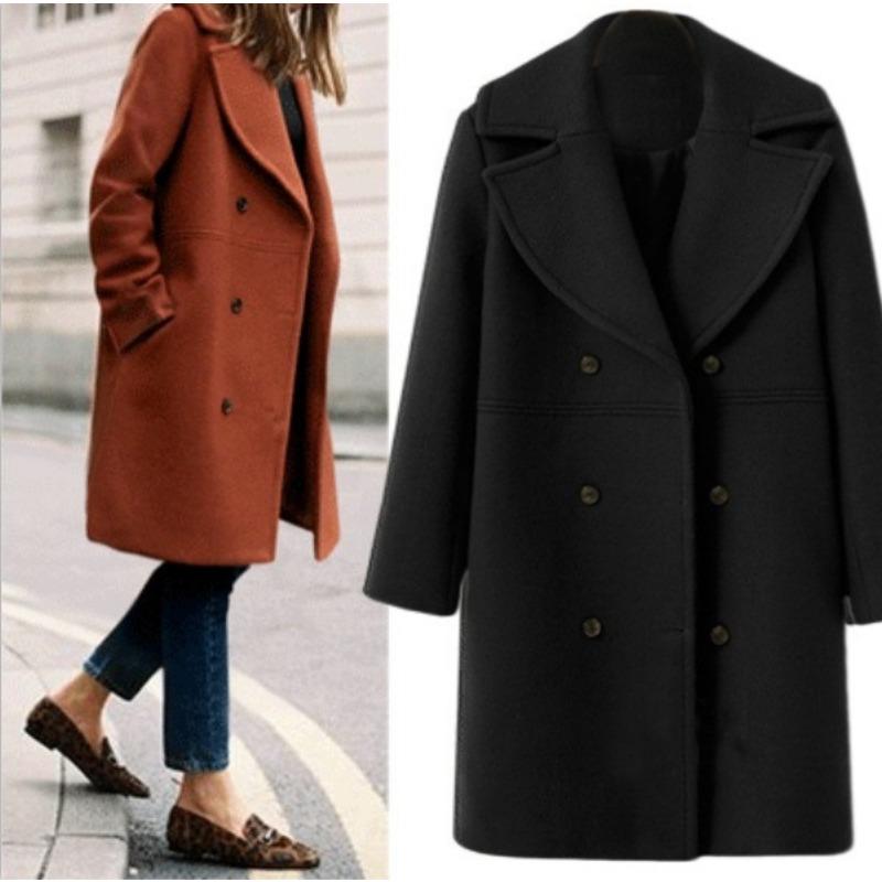 Women Plus Size Mid Length Woolen Long Sleeve Overcoat Casual Outerwear